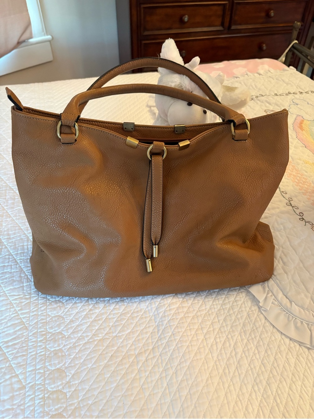 Classic Tan Faux Leather Tote Bag with Gold Hardware